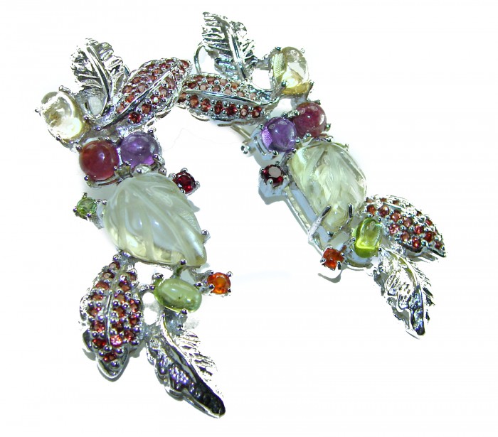 Eden - Luxurious Style Natural carved Citrine 18K Gold over .925 Sterling Silver handmade earrings - Intricate earrings with gemstones and silver leaves, top view.