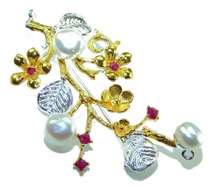 Floral Design Genuine Pearl Ruby 14K Gold .925 Sterling Silver handmade Pendant Brooch - Floral brooch with pearls and rubies in 14K gold, top view.