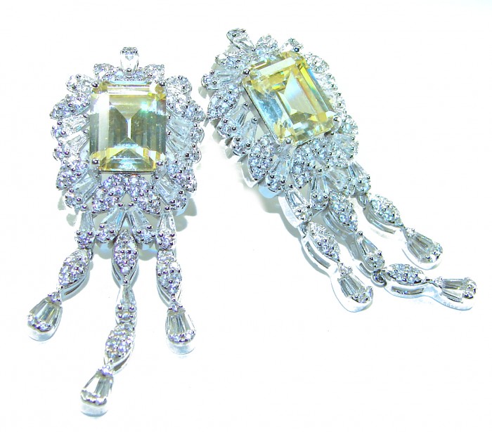 Vintage Beauty Authentic 22.5 carat Brazilian Citrine .925 Sterling Silver handcrafted earrings - Close-up of vintage earrings with Brazilian citrine and diamonds