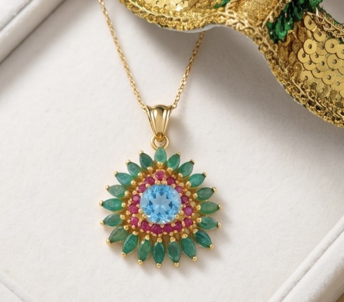 Eau Pure 4.9 carat Swiss Blue Topaz .925 Sterling Silver dipped in 18K Gold Handcrafted Pendant - Close-up of Eau Pure Swiss Blue Topaz pendant with emerald accents