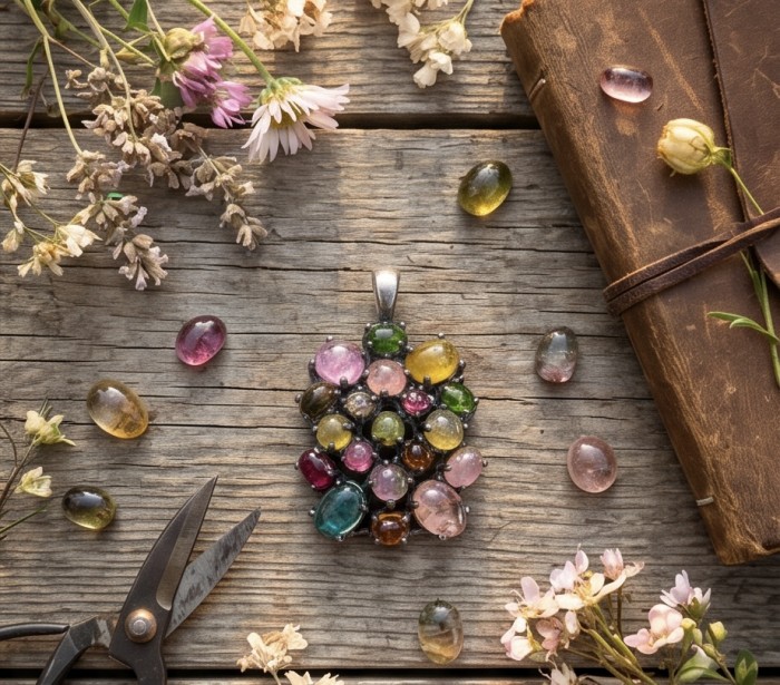Victoria 25.5 carat Brazilian Watermalon Tourmaline black rhodium over .925 Sterling Silver handmade Pendant - Colorful stone pendant with flowers and journal on wooden table.