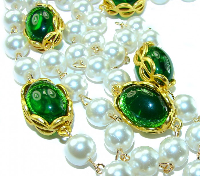 Incredible 48 inches long Freshwater Pearl 10K Gold over .925 Sterling Silver handmade Necklace - Close-up of green stones and pearls with gold setting in jewelry piece.