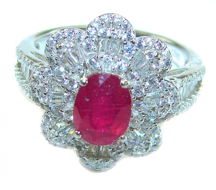 Art Deco Natural 3.5 carat Ruby .925 Sterling Silver handmade Statement Ring size 8 - Ruby ring with diamond halo, front view close-up.