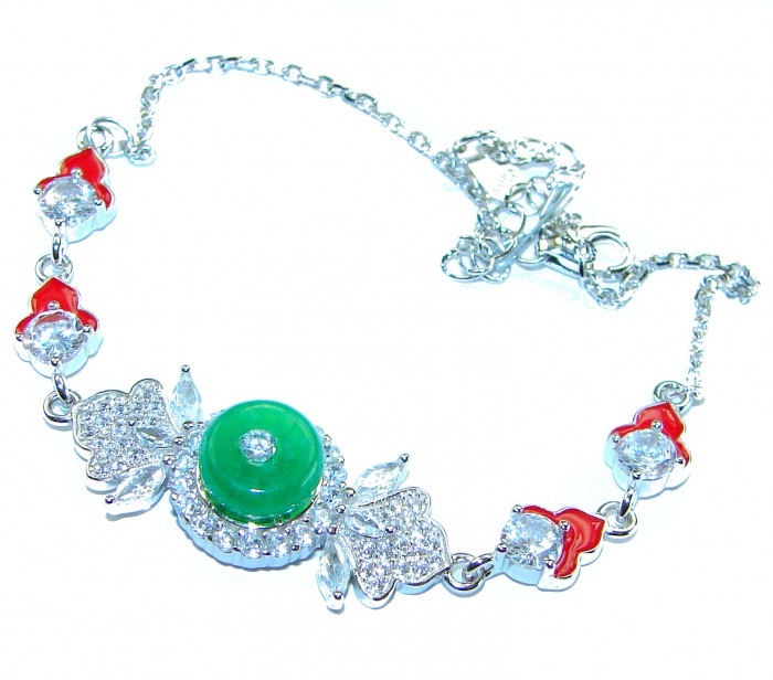 Purity and Harmony Precious genuine 6.5 carat Jade .925 Sterling Silver handcrafted Bracelet - Jade bracelet with gems, featuring center stone, top view.