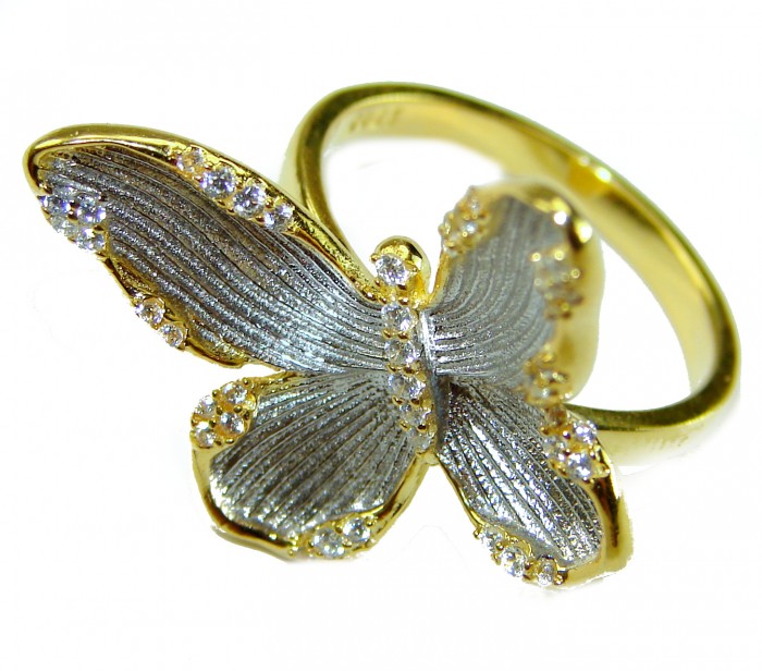 Golden Butterfly White Topaz highly polished 18K Gold over .925 Sterling Silver Italy made ring s. 7 1/4 - Golden butterfly ring with white topaz, top view, 18K gold over.