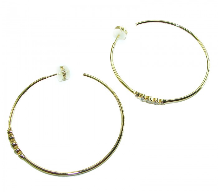 Allure Natural 4.2 carat White Topaz .925 Sterling Silver dipped in 18K Gold handcrafted hoop earrings 1 7/8 inch long - Gold hoop earrings with white topaz, side view showing clasp detail.