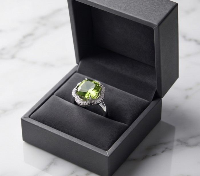 Royalty 9.9 carat authentic Himalayan Peridot .925 Sterling Silver Handcrafted Statement Ring size 7 - 9.9 carat Himalayan Peridot ring in box, top view