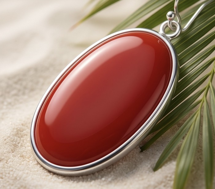 LARGE - Genuine Red Fossilized Coral .925 Sterling Silver handmade earrings - Close-up of large red fossilized coral pendant on sand background.