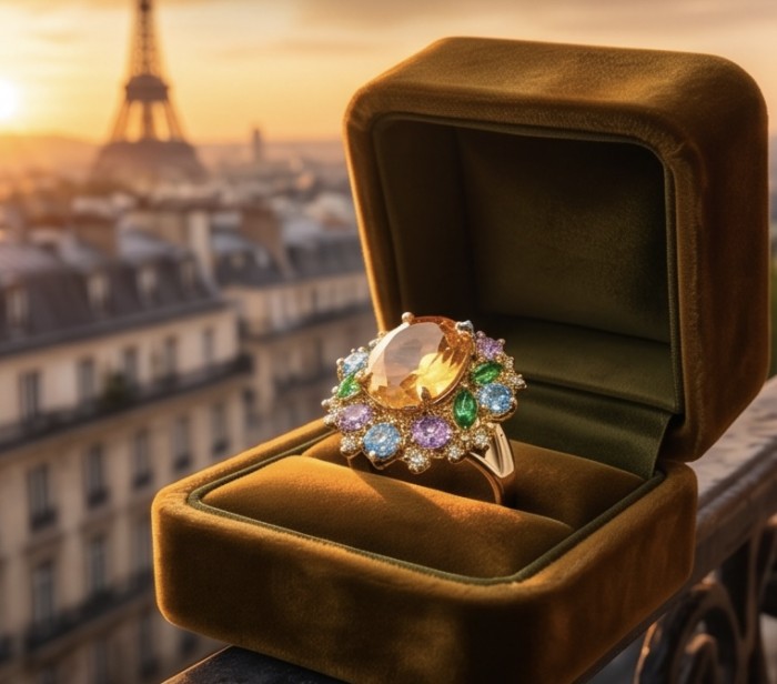 Victoria Authentic 10.7 carat Brazilian Citrine .925 Sterling Silver brilliantly dipped in 22K Gold handcrafted Statement ring; s. 8 - Close-up of Victoria Authentic 10.7 carat Citrine ring in display box.