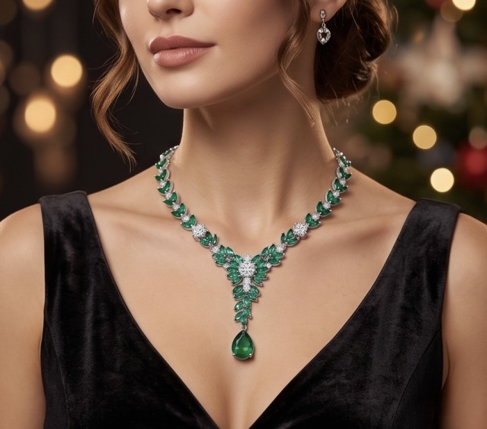 Giovanna - Authentic 12.9 carat COLOMBIAN EMERALD .925 Sterling Silver handcrafted necklace - Woman wearing Giovanna emerald necklace, front view.