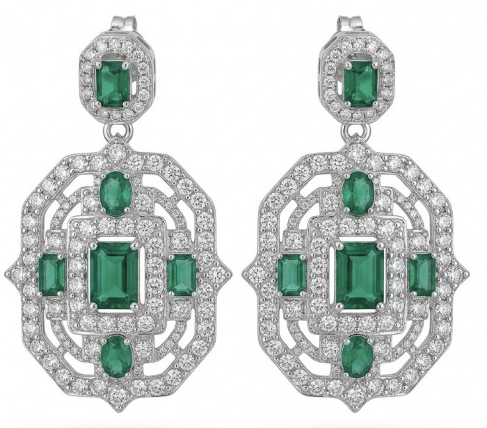 Art Deco - 8.8 carat Colombian Emerald .925 Sterling Silver handmade Statement Earrings - Front view of Art Deco emerald and sterling silver earrings