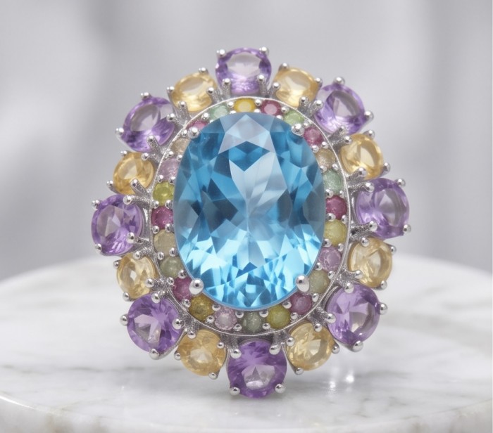 Pacifica - Authentic 33.8 carat Swiss Blue Topaz Rhodium over .925 Sterling Silver handcrafted Large Statement ring size 7 - Close-up of Pacifica ring with Swiss Blue Topaz and multicolored gemstones