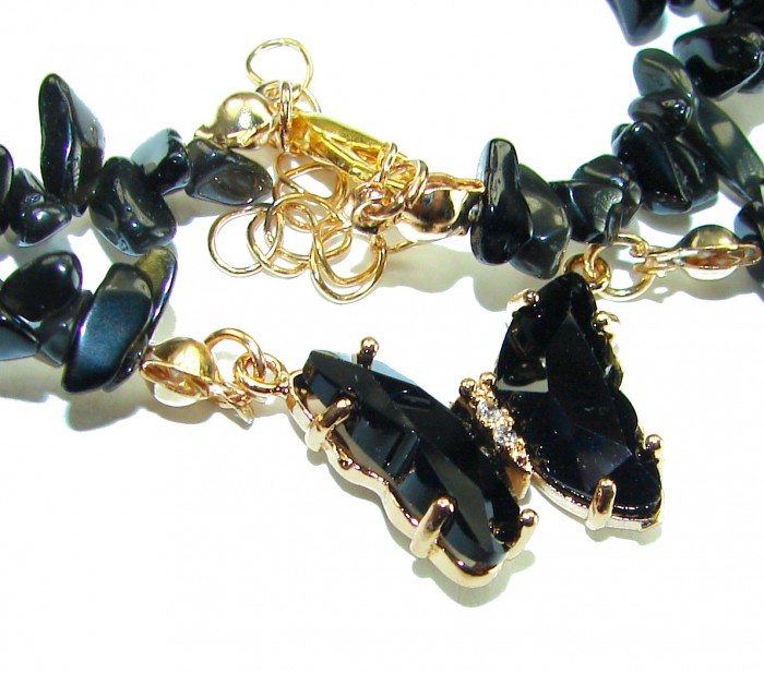 Green Butterfly authentic Onyx 14k Gold over .925 Sterling Silver handcrafted necklace - Onyx butterfly necklace clasp detail with gold accents.