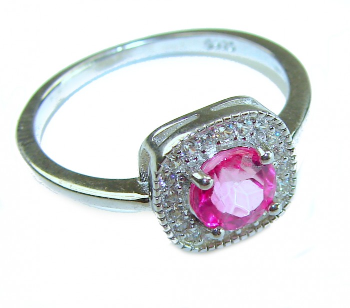 A Spark of Sweetness 5.8 carat Hot Pink Sapphire .925 Sterling Silver Ring s. 8 1/4 - Close-up of hot pink sapphire ring with diamond accents.