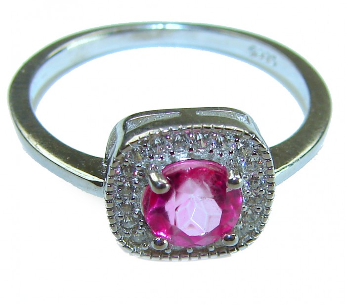 A Spark of Sweetness 5.8 carat Hot Pink Sapphire .925 Sterling Silver Ring s. 8 1/4 - Hot pink sapphire ring close-up; silver band and stone halo detail.