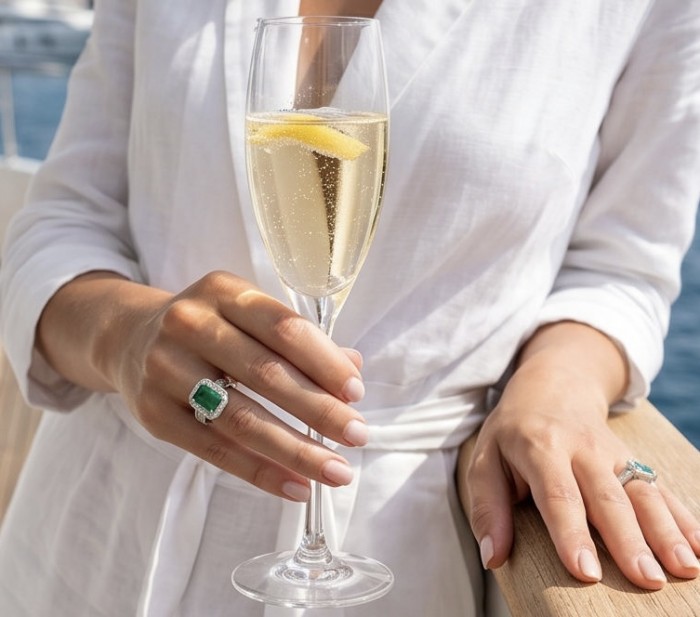 Precious 6.2 CARAT Chrome Diopside .925 Sterling Silver Statement Ring s. 8 - Woman wearing 6.2 carat chrome diopside ring, holding a champagne glass.
