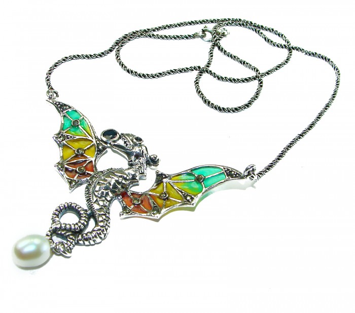 Awesome Flying Dragon Natural Enamel .925 Silver handcrafted Necklace - photo 2
