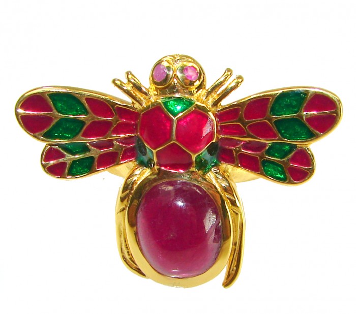 Lucky Bee Enamel 6.2 CARAT Ruby 18K Gold over .925 Sterling Silver Huge handcrafted Ring s. 7 1/2 - Lucky Bee enamel brooch, front view, ruby and gold details visible.