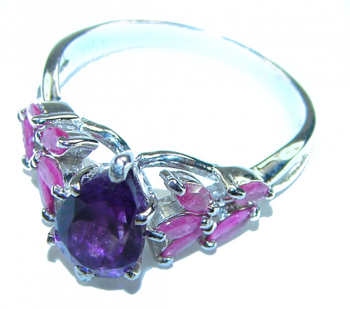 Natural cushion cut 1.4 carat Amethyst Ruby .925 Sterling Silver handmade Statement Ring size 7 - Amethyst and ruby ring in sterling silver, side view.