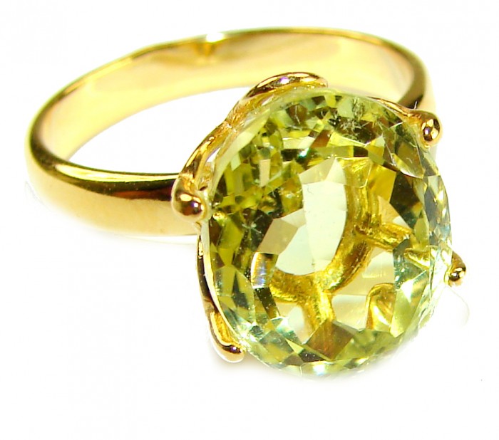 Solid 14.8 carat Genuine Lemon Quartz 14K Gold over .925 Sterling Silver handcrafted ring size 7 - Close-up of lemon quartz ring in 14K gold over sterling silver