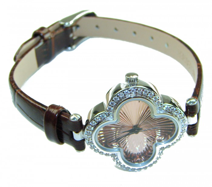 Precious Four Leaf Clover Genuine Leather strap .925 Sterling Silver handmade Watch - Side view of four leaf clover watch with leather strap and gemstone bezel.