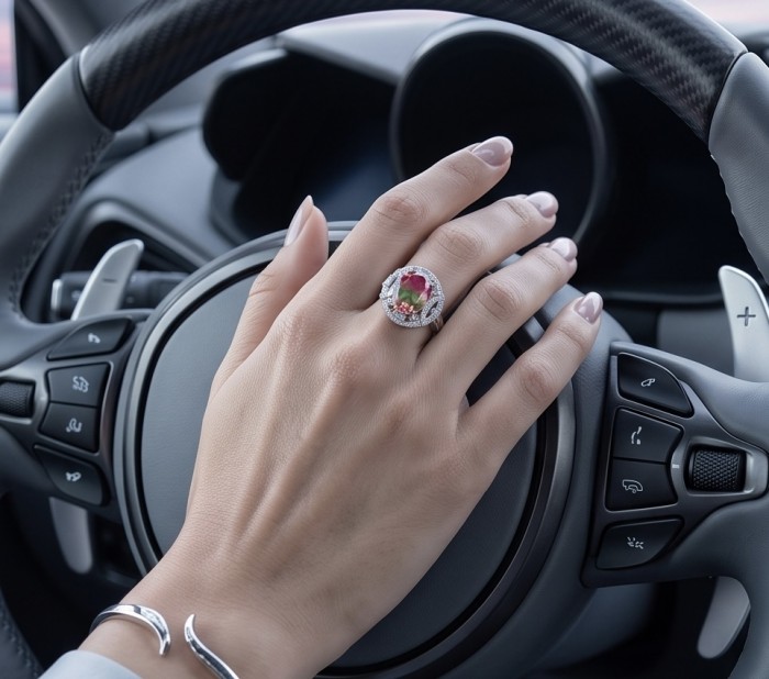 Carolyn 6.8 carat Brazilian Tourmaline .925 Sterling Silver Perfectly handcrafted Ring s. 8 1/4 - Tourmaline ring on hand, steering wheel in background.