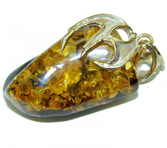 LARGE Golden Amber .925 Sterling Silver handmade Pendant - photo 1