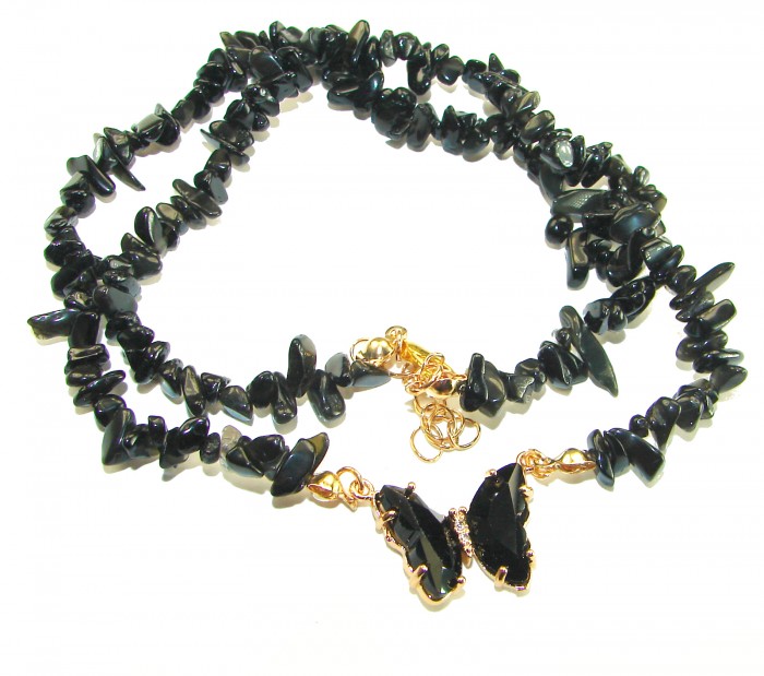 Green Butterfly authentic Onyx 14k Gold over .925 Sterling Silver handcrafted necklace - Black onyx necklace with butterfly pendant, top view.