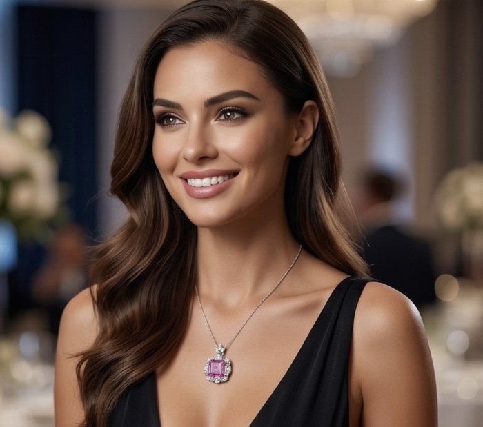 Vintage style boquette cut 12.8 carat Pink Sapphire .925 Sterling Silver DIPPED IN RHODIUM handmade Pendant - Woman wearing a vintage 12.8 carat pink sapphire necklace, front view.