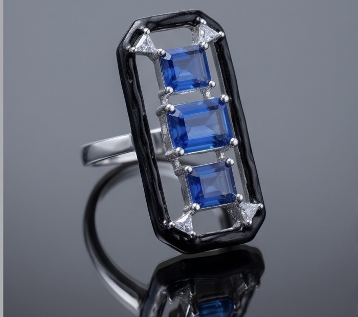 Art Deco 6.2 carat Sapphire black enamel .925 Sterling Silver handcrafted Ring size 7 1/2 - Art Deco ring with sapphires and black enamel, side view.