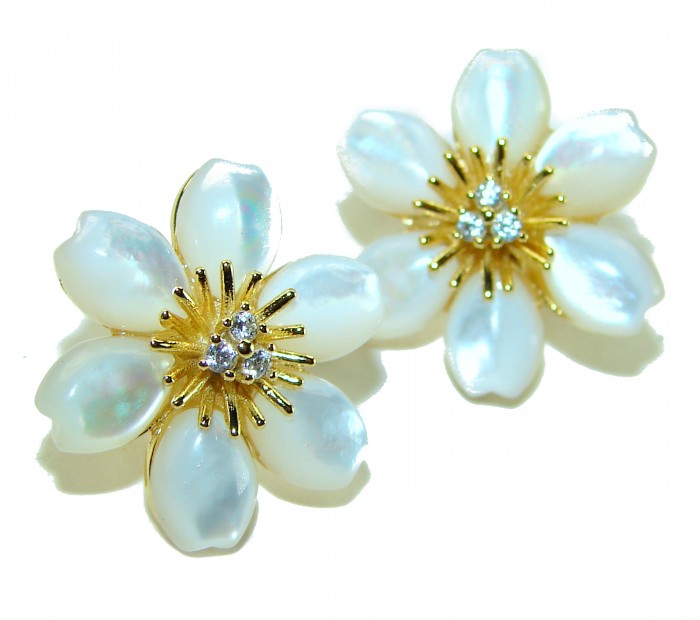 Genuine Blister Pearl lab grown Diamond 18K Gold over .925 Sterling Silver handcrafted Large Statement Earrings - photo 3