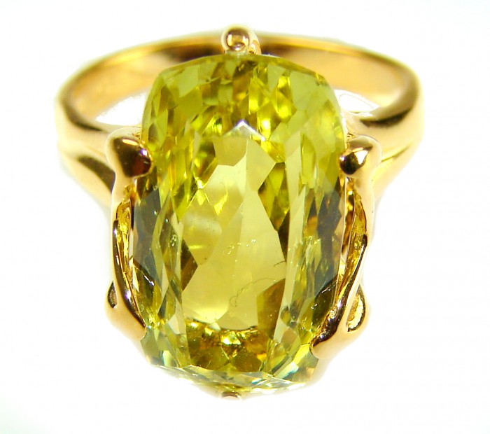 8.8 carat Genuine Lemon Quartz 14K Gold over .925 Sterling Silver handcrafted ring size 7 - Close-up of 8.8 carat lemon quartz ring in 14K gold over sterling silver.