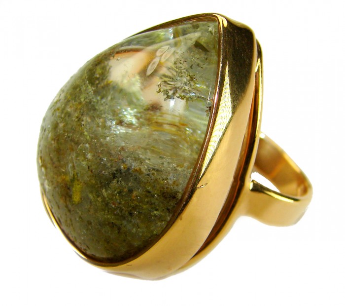 Magic genuine Phantom Quartz 18K Gold over .925 Sterling Silver handmade Cocktail Ring s. 6 adjustable - Phantom Quartz ring in gold setting, side view close-up.