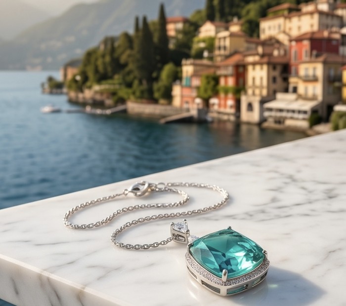 Brazilian's Briliance - emerald cut 31.7 carat Paraiba Tourmaline .925 Sterling Silver handcrafted necklace - Paraiba Tourmaline pendant with lake backdrop, close-up on stone.