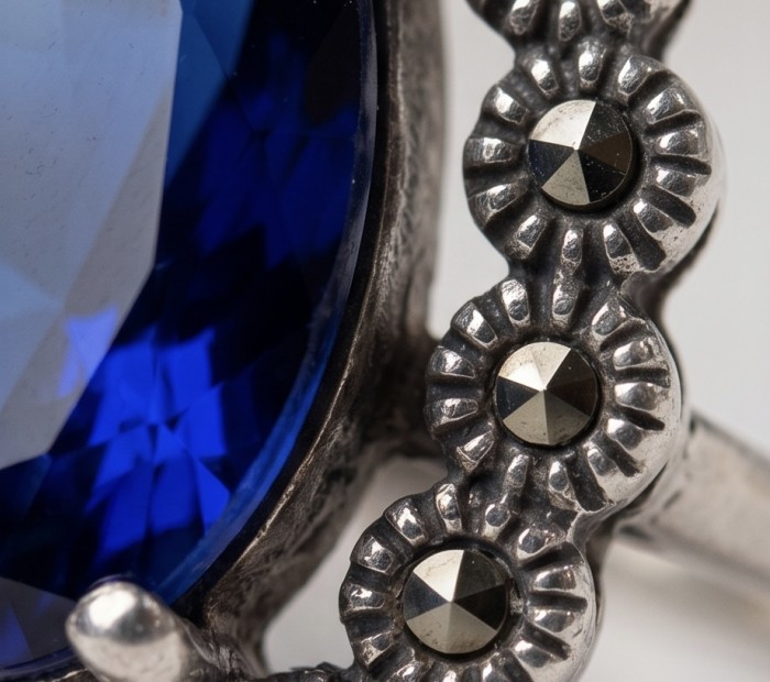 Julietta 12.8 carat London Blue Topaz Marcasite .925 Sterling Silver handmade Statement Ring size 7 1/4 - Stone close-up of Julietta 12.8 carat London Blue Topaz ring with marcasite.