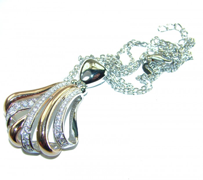 Dazzling Beauty - White Topaz 2 tones .925 Sterling Silver handcrafted necklace - Pendant close-up, two-tone with white topaz and silver chain.
