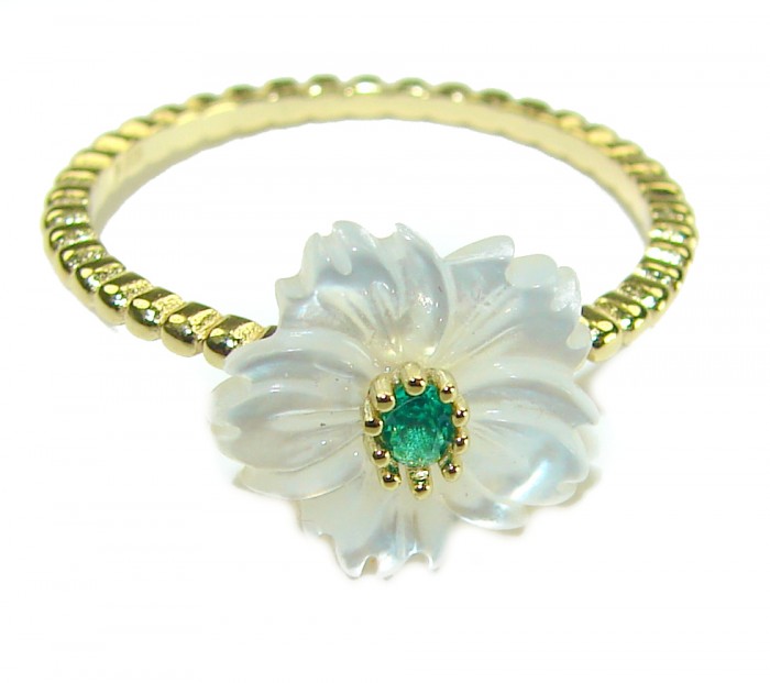 Luxurious Blister Pearl 14K Gold over .925 Sterling Silver brilliantly handcrafted ring s. 8 - Flower ring with emerald center, top view, gold band detail.