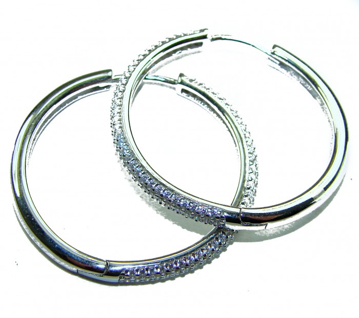 Allure Natural 8.2 carat White Topaz .925 Sterling Silver handcrafted hoop earrings - Hoop earrings studded with white topaz, top view, Sterling Silver.