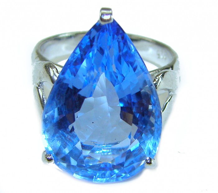 Blue Odyssey 4.5 carat authentic Swiss Blue Topaz .925 Sterling Silver handmade Statement Ring size 7 1/4 - Close-up of Blue Odyssey 4.5 carat Swiss Blue Topaz ring.