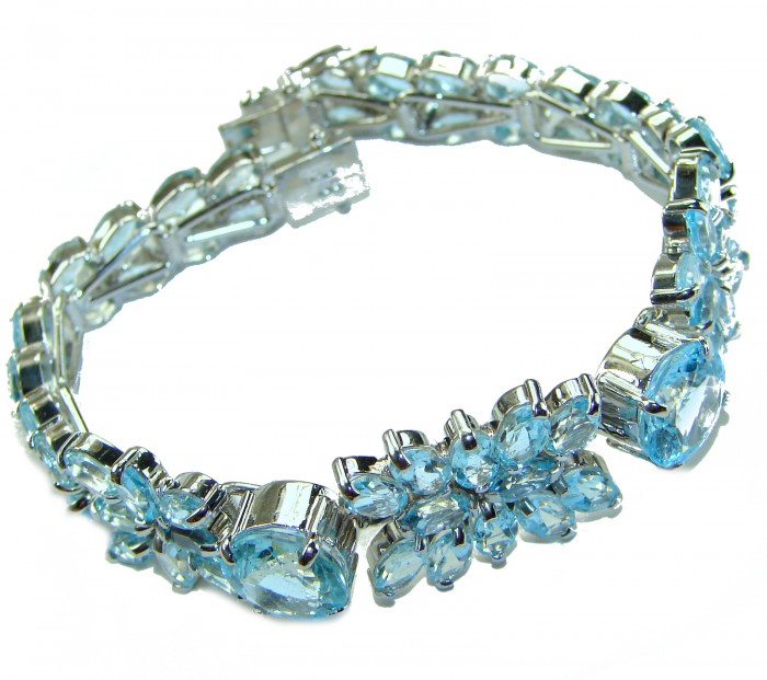 Pacifica 105.5 carat Swiss Blue Topaz .925 Sterling Silver handmade Statement Bracelet - Blue topaz bracelet, side view, sterling silver setting.