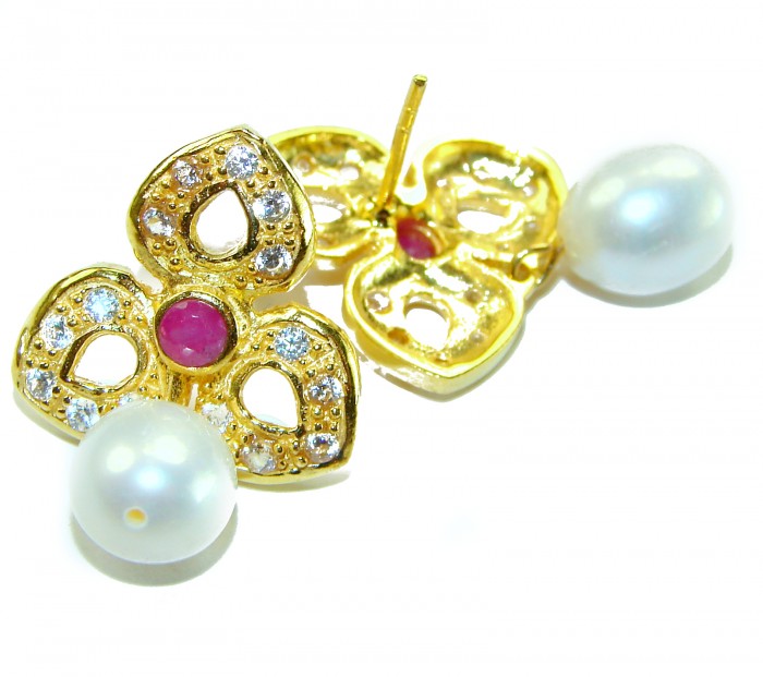 Magnificent Jewel 4.5 carat Ruby 14K Gold over .925 Sterling Silver handcrafted incredible earrings - Earrings with ruby, pearls, and diamonds, close-up view of details.