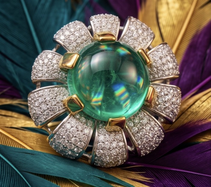Red Flower Natural 14.2 carat Colombian Emerald .925 Sterling Silver dipped rhodium handmade two tones Statement Ring size 8 - Close-up of Colombian emerald ring on colorful feathers