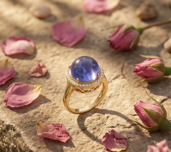 Precious Design round cut 12.9 CARAT Tanzanite 22K Gold over .925 Sterling Silver Statement Ring s. 6 1/4 - Tanzanite ring on stone with rose petals, top view.