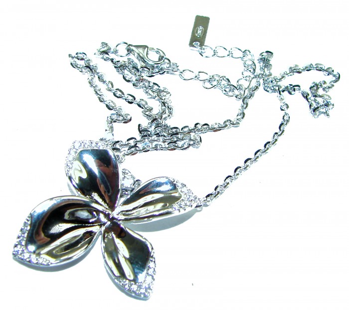 Lotus flower White Topaz highly polished Rhodium over .925 Sterling Silver Italy made necklace - photo 3