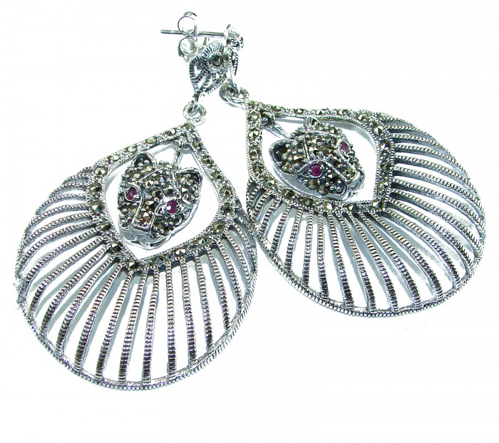 Cheetah Spectacular Ruby Marcasite .925 Sterling Silver LARGE earrings - Front view of silver earrings with cheetah design and ruby details