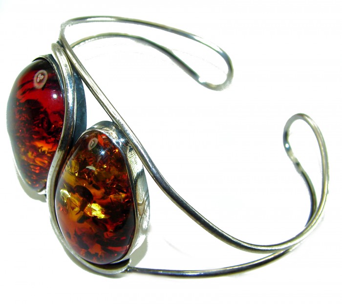 Huge Genuine Golden Baltic Amber highly polished .925 Sterling Silver handcrafted Bracelet / Cuff - Side view of Baltic amber and silver bracelet with polished stones