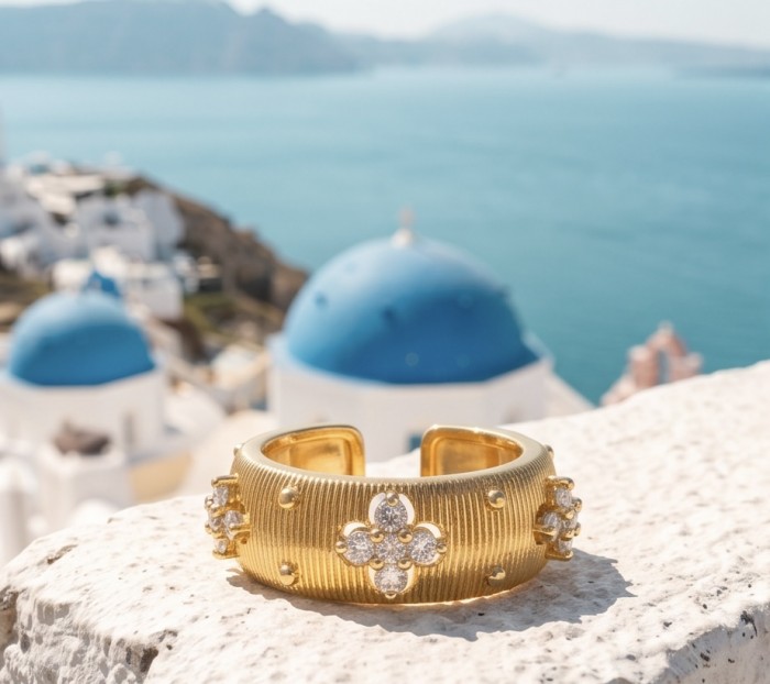 Precious 1.2 carat Whiet Topaz 18K Gold over .925 Sterling Silver ring size 7 - Gold cuff with white topaz, side view, Santorini background.