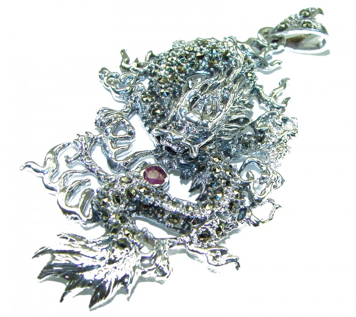 Large Flyaing Dragon Ruby Marcasite .925 Sterling Silver handcrafted Pendant - photo 3
