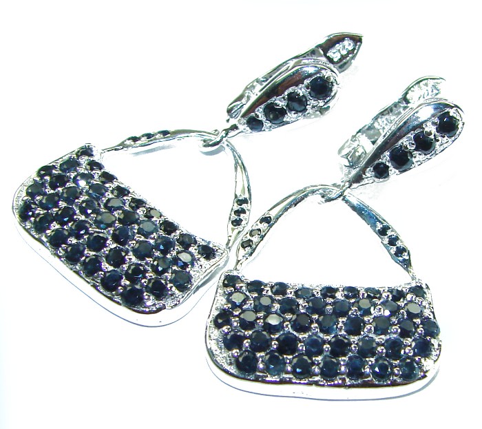 Luxurious BlueBags authentic 10.8 carat Sapphire black rhodium .925 Sterling Silver handcrafted earrings - Elegant sapphire earrings shaped like bags, close-up view.