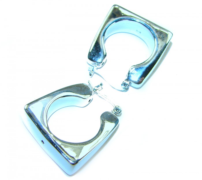 LARGE - EXTRAVAGANZA - Highly Polished Fancy .925 Sterling Silver Italy made Earrings - High-polish .925 sterling earrings, open view, showing clasp detail.